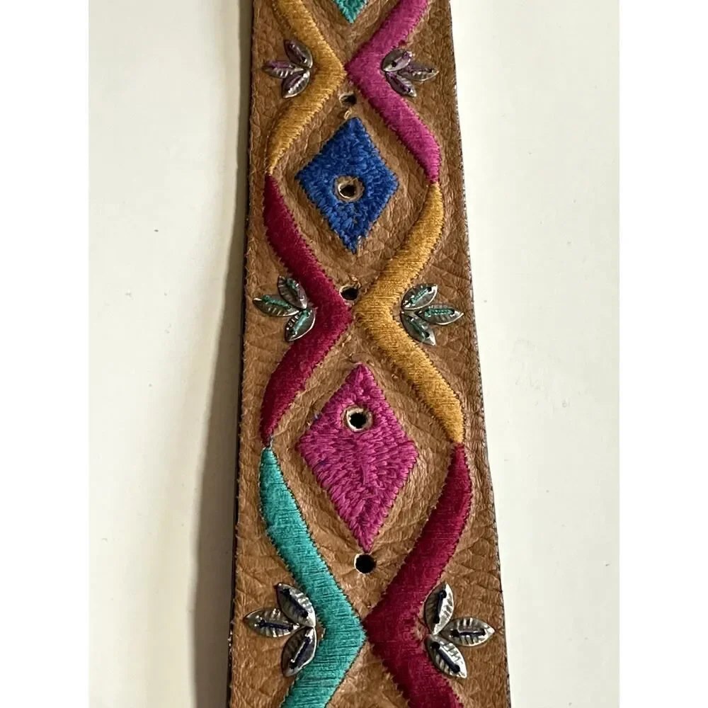 CHICO'S Women's Embroidered/Beaded Wide Leather Bohemian Belt Brown Size Large